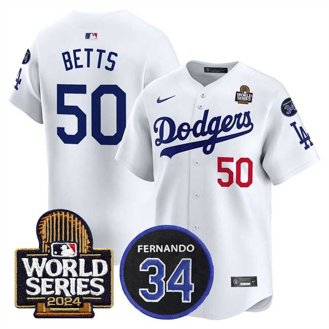 Mens Los Angeles Dodgers #50 Mookie Betts White 2024 World Series With Fernando Memorial Patch Limited Stitched Baseball Jersey